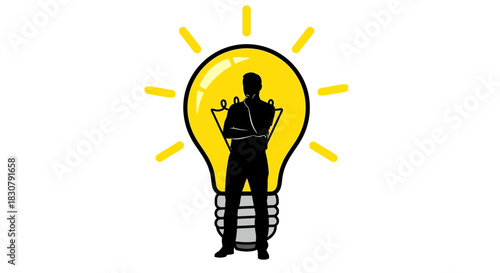 Silhouette of a person standing confidently inside a glowing light bulb, symbolizing innovation and bright ideas.