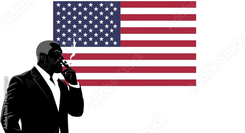 Man in suit smoking against American flag background, symbolizing patriotism and contemplation.