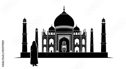 Solitary figure admires iconic silhouette of grand historical monument at dawn