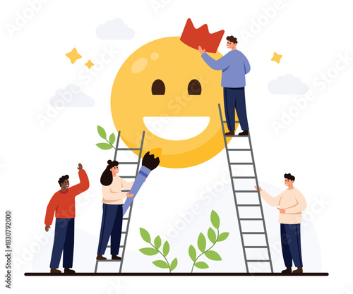 People collaborating to create a large smiling emoji, symbolizing positive feedback, encouragement, and optimistic thinking, isolated on white background vector illustration