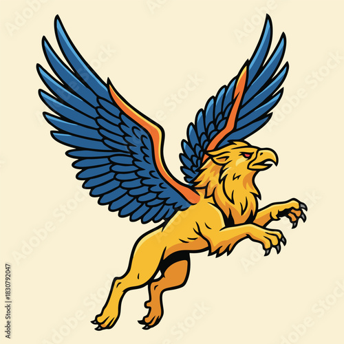 Dynamic illustration of a majestic griffin with golden body, eagle head, and spread blue wings, leaping forward.