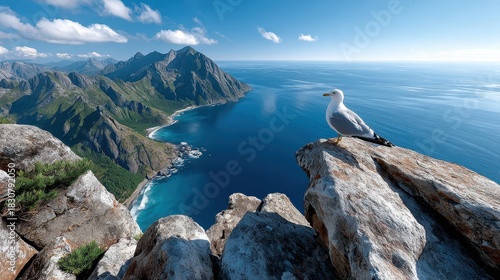 A majestic seagull stands on rocky cliffs, gazing over a stunning blue ocean scene surrounded by mountains, symbolizing freedom and the beauty of nature.