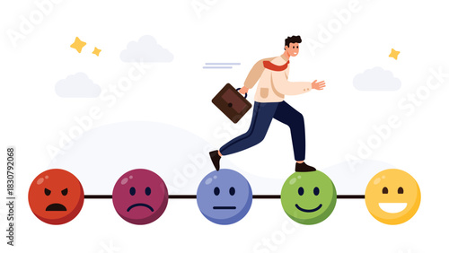 Businessman walking across colorful emotion faces, symbolizing progress from negativity to happiness and personal growth, isolated on white background vector illustration