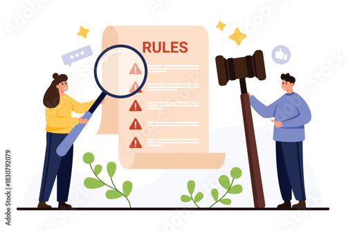 Two characters examining a rules document with magnifying glass and gavel, highlighting law, compliance, and regulation concepts, isolated on white background vector illustration