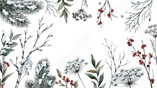 A delicate watercolor illustration of winter botanical elements including snow-dusted branches, pine needles, red berries, and dried seed heads.