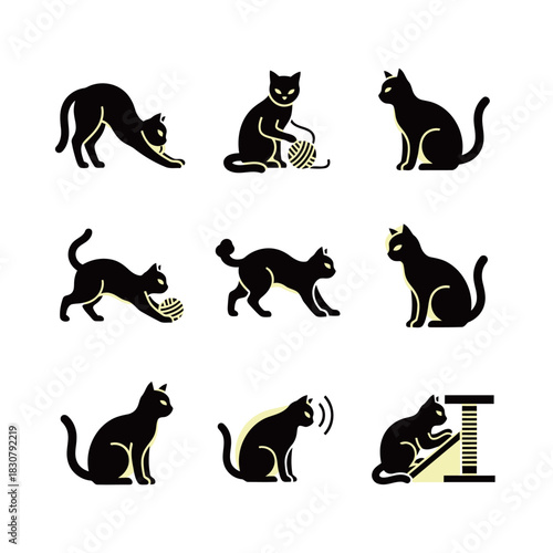 Nine black silhouette icons of domestic cats in various poses like playing with yarn, stretching, and scratching post.