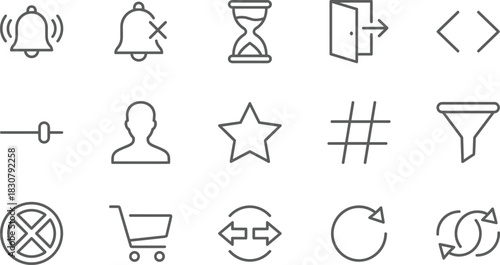 User Interface and Navigation line icons set, vector illustration of notification, time, login, coding, profile, e-commerce, setting, filter, and synchronization elements for apps.