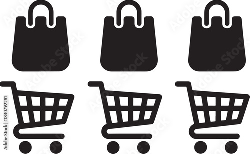 Three Black Silhouette Shopping Bag and Shopping Cart Icons On White trolley basket