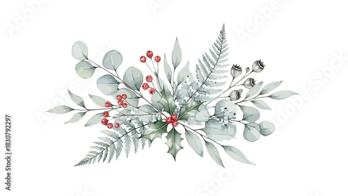 Watercolor illustration of a festive winter floral arrangement with berries and foliage, perfect for holiday decorations.