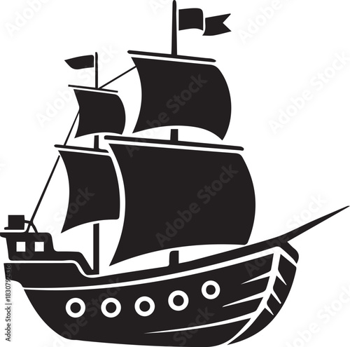 Silhouette of a sailing ship isolated on white background vintage style