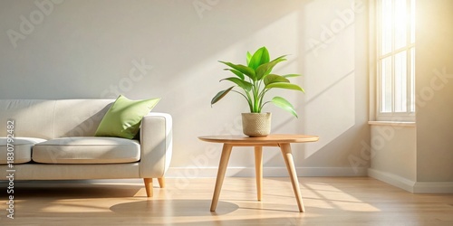 Serene living room interior featuring a light beige sofa with a soft green cushion, a small round wooden side table holding a potted plant, bathed in sunlight streaming through a nearby window.