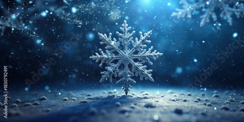 Wallpaper Mural A single, large, intricately detailed snowflake stands in a field of freshly fallen snow, illuminated by a soft, ethereal blue light, with delicate snow falling gently around it. Torontodigital.ca