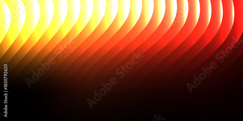 Neon ribbed fractal glass 3d background. Holographic vertical stripe pattern with vibrant purple blue yellow gradient. Abstract black bg, iridescent texture lines in radiant colors. 3D illustration	
