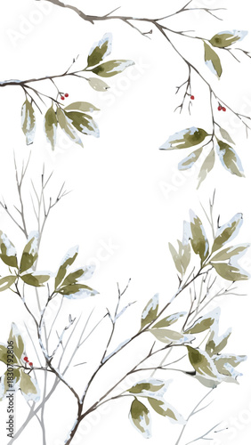 Watercolor painting of delicate branches with green leaves and tiny red berries, set against a white background.