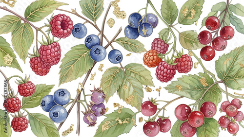 A watercolor painting of various berries, including raspberries, blueberries, and red currants, with green leaves and branches on a white background.
