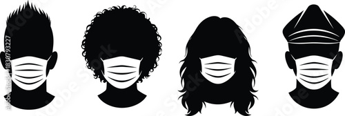 Collection of black silhouette avatars featuring men and women wearing white surgical face masks for health protection on white background
