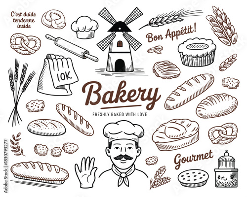 Bakery whimsical hand-drawn vector illustration set, showcasing delightful pastry motifs, playful sweet treats, charming bakery tools, and soft handcrafted visuals suitable for cafes,