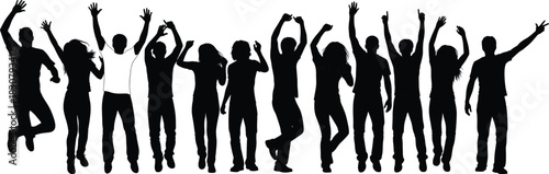 Large group of happy young people jumping silhouette vector illustration, crowd dancing at party with hands up isolated on white background