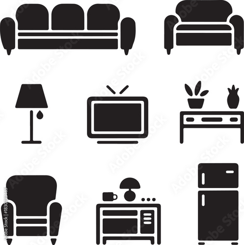 Furniture icons, living room, sofa couch, tv screen, lamp light, refrigerator appliance