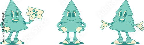 Comic happy green fir tree cartoon character set contoured vector flat illustration. Funky smiling spruce natural plant mascot shopping sale welcome greeting positive emotion personage