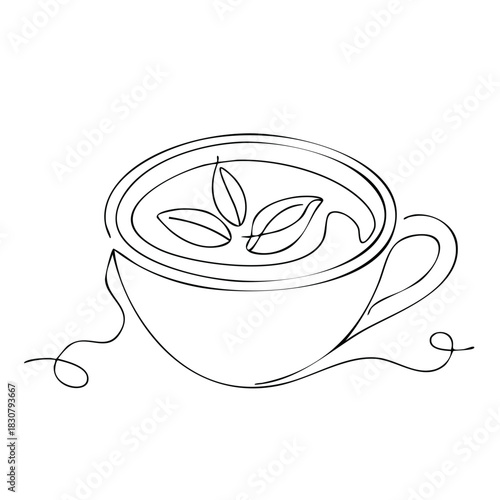 Line art of tea cup with tea leaves. Simple black and white illustration.