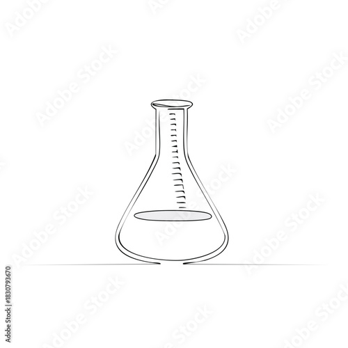 Erlenmeyer flask with liquid marking in continuous line drawing for scientific research, isolated on white plain background