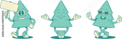 Funny green fir tree cartoon character set contoured vector flat illustration. Smiling comic spruce natural plant mascot with signboard shopping sale yoga meditation cool in sunglasses walking