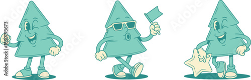Comic smiling green fir tree cartoon character set contoured vector flat illustration. Happy cheerful spruce natural plant mascot motivation with flag in sunglasses star best award choice