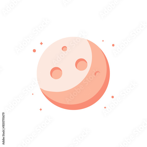 Sweet pastel pink moon illustration with craters and tiny shining stars, space exploration concept