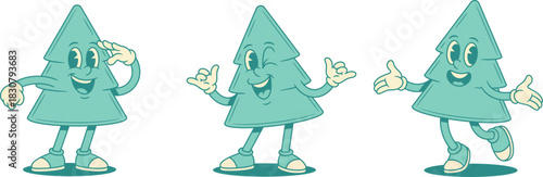 Happy cool green fir tree cartoon character set contoured vector flat illustration. Smiling comic spruce natural plant mascot looking forward relaxing having fun positive welcome greeting