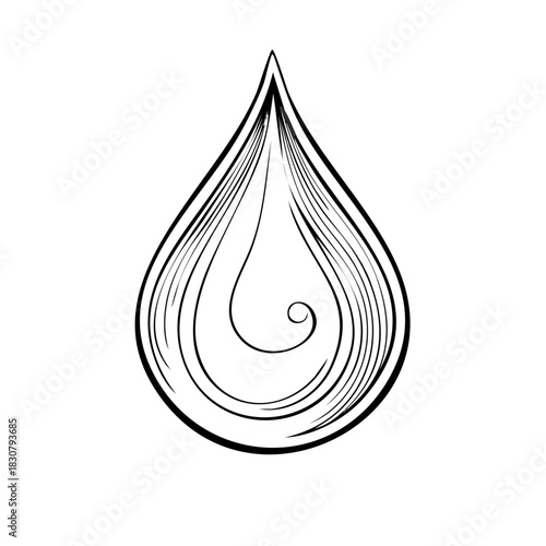Stylized Water Drop with Swirling Lines, Decorative Black Outline for Eco and Environmental Themes