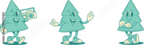 Happy funky green fir tree cartoon character set contoured vector flat illustration. Smiling cute cheerful spruce natural plant mascot with retro music player recorder dancing fun positive emotion