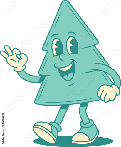 Cheerful cute green fir tree Christmas cartoon character ok gesture contoured vector flat illustration. Smiling adorable funky spruce natural plant mascot okay good recommend done