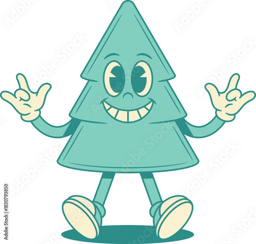 Cool comic green fir tree Christmas cartoon character rock gesture contoured vector flat illustration. Funky smiling cute spruce natural plant mascot greeting having fun laughing