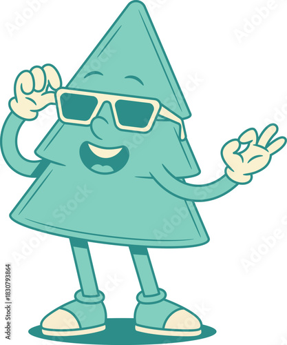 Funky cool green fir tree Christmas cartoon character in sunglasses contoured vector flat illustration. Smiling cheerful spruce natural plant mascot in summer eyeglasses ok okay good gesture
