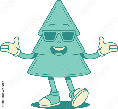 Cool green fir tree Christmas cartoon character in sunglasses contoured vector flat illustration. Funny smiling spruce natural plant mascot in summer eyeglasses having fun positive emotion