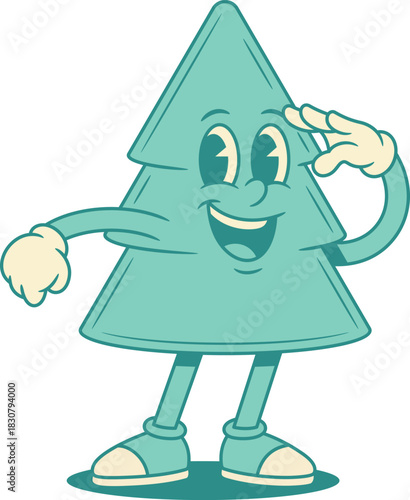 Smiling green fir tree Christmas cartoon character looking forward contoured vector flat illustration. Happy comic spruce natural plant mascot searching trying to find holiday positive emotion