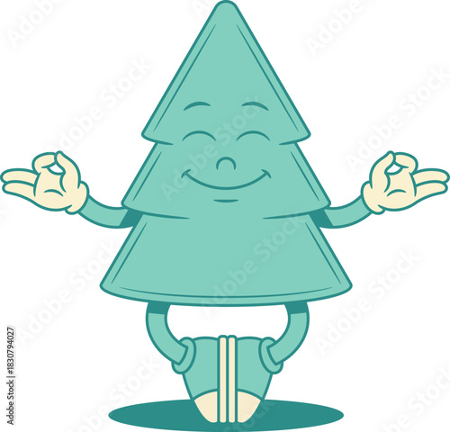 Relaxed green fir tree Christmas cartoon character yoga meditation contoured vector flat illustration. Smiling happy spruce natural plant mascot meditating lotus posture mindfulness no stress