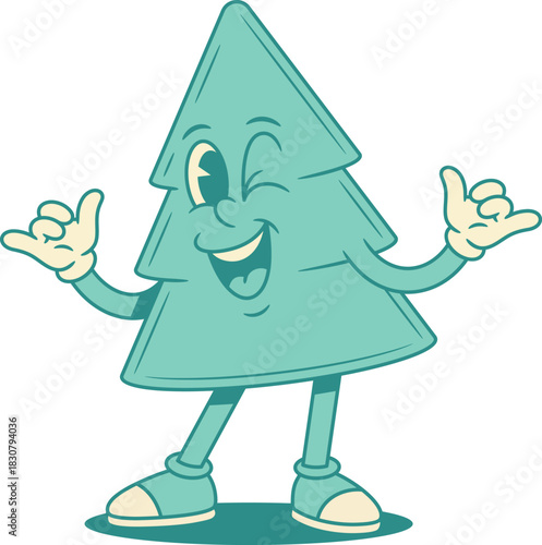 Cool funky green fir tree Christmas cartoon character surf gesture contoured vector flat illustration. Happy smiling spruce natural plant holiday mascot relaxing having fun positive emotion