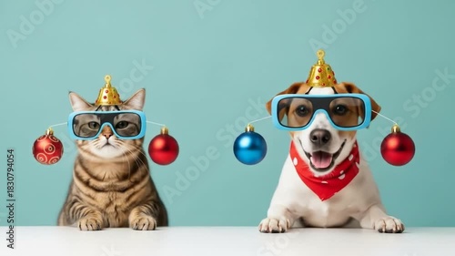 Festive Friends: A Playful Holiday Celebration with a Cat and Dog Sporting Party Hats and Ornament-Adorned Glasses in a Cheerful Studio Setting