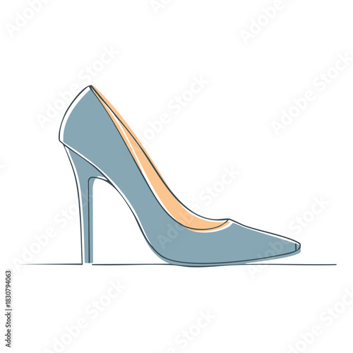 Elegant blue high heel shoe with subtle orange lining illustrated in continuous line art style