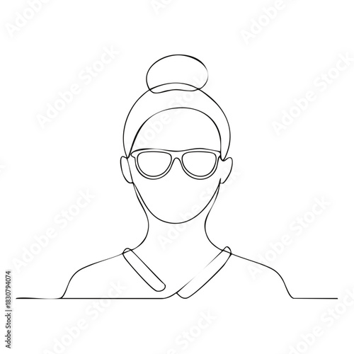 One line drawing of woman in glasses with hair bun, continuous contour portrait