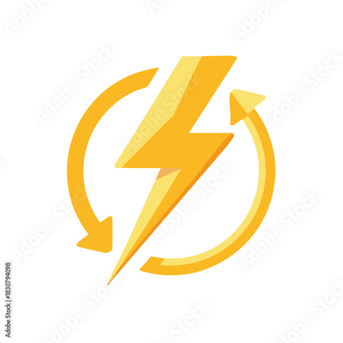 Yellow lightning bolt with rotating arrow symbolizing renewable energy and fast charging