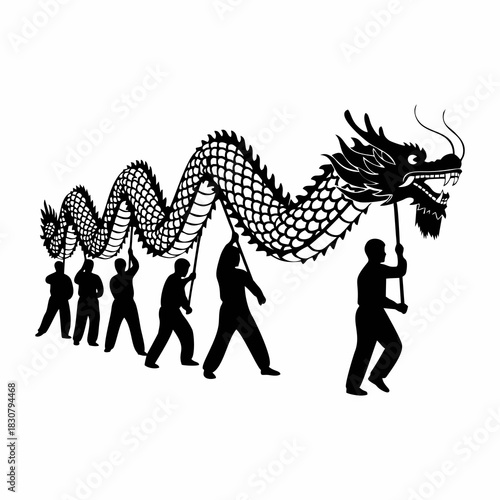Black and White Silhouette of Traditional Chinese Dragon Dance Performance
