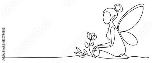 Delicate line illustration of a garden fairy tending to a blooming flower in nature
