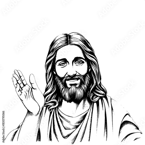 Engraving-style monochrome artwork of Jesus Christ with a gentle smile and open arms, welcoming the viewer, a radiant halo surrounding his head, and a soft light burst emanating from behind him, set a