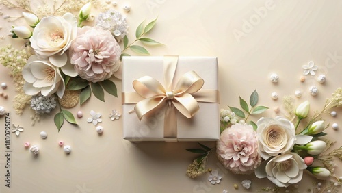 Wallpaper Mural A delicately arranged gift presentation featuring a beige box adorned with a golden ribbon, surrounded by exquisite paper flowers and small decorative elements. Torontodigital.ca
