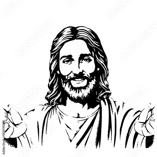 Engraving-style monochrome artwork of Jesus Christ with a gentle smile and open arms, welcoming the viewer, a radiant halo surrounding his head, and a soft light burst emanating from behind him, set a