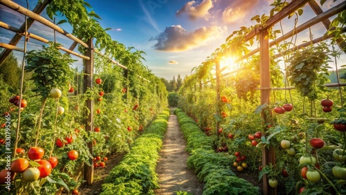 Golden Hour Abundance A Vibrant Pathway Through Rows of Ripe Tomatoes Growing on Wooden Trellises in a Lush Garden at Sunset