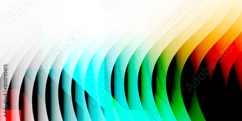 Neon ribbed fractal glass 3d background. Holographic vertical stripe pattern with vibrant purple blue yellow gradient. Abstract black bg, iridescent texture lines in radiant colors. 3D illustration	

